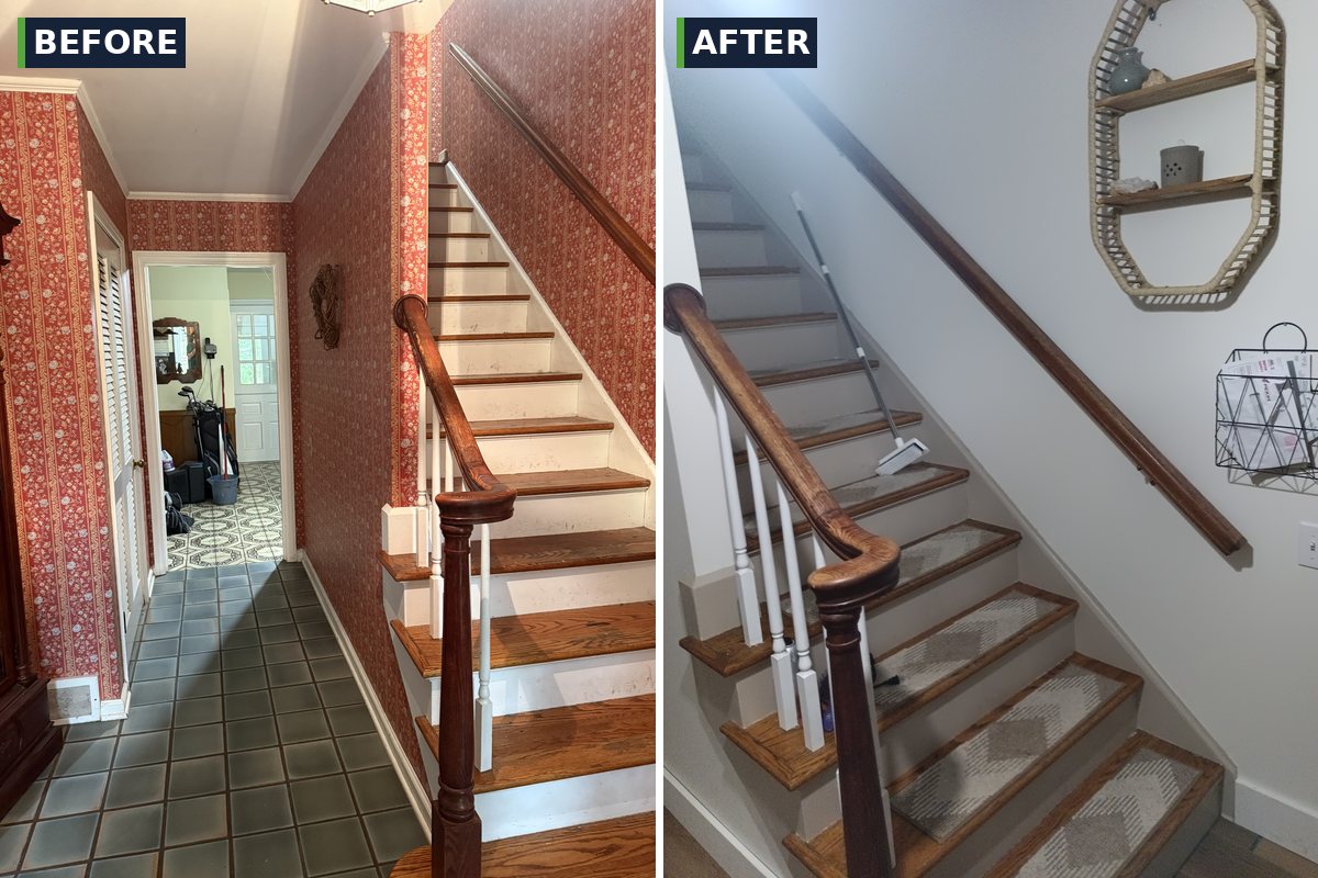 Hallway and stairwell flooring, paint and trim before and after